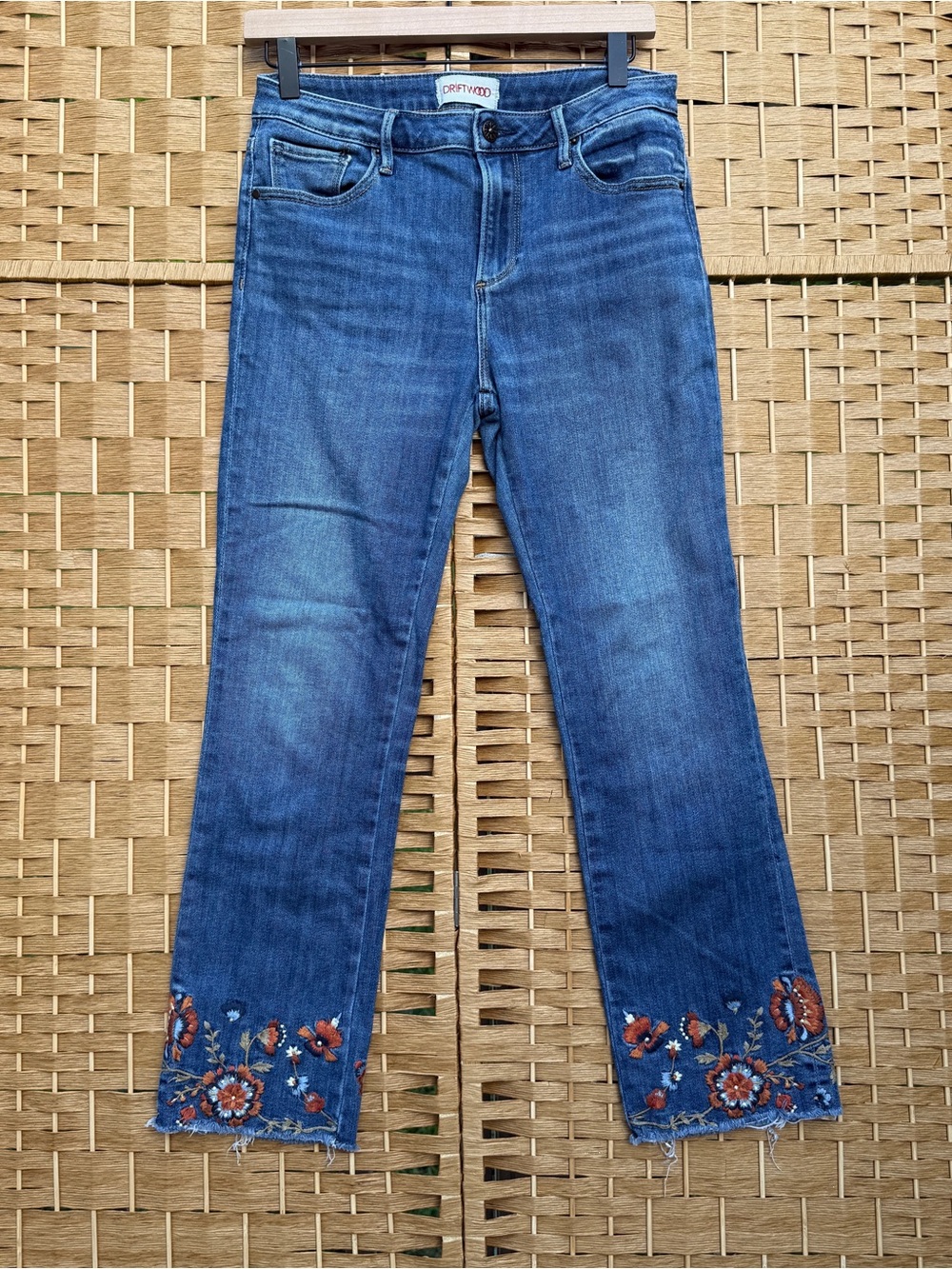 Driftwood Colette Embroidered Hem Jeans - Medium Blue Women’s W 28 L 26
